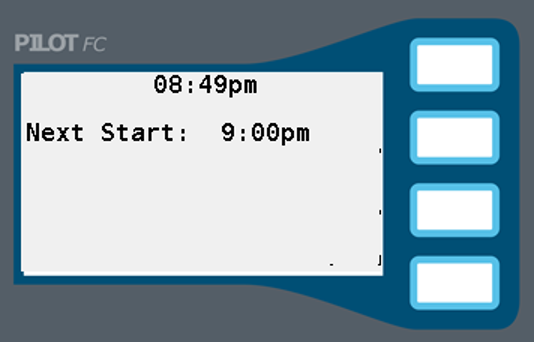 Quick view display with the current time and next scheduled start time.